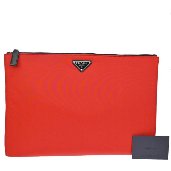 PRADA Logo Tessuto Clutch Hand Bag Nylon Saffiano Leather Red Rosso SHW - Picture 1 of 16